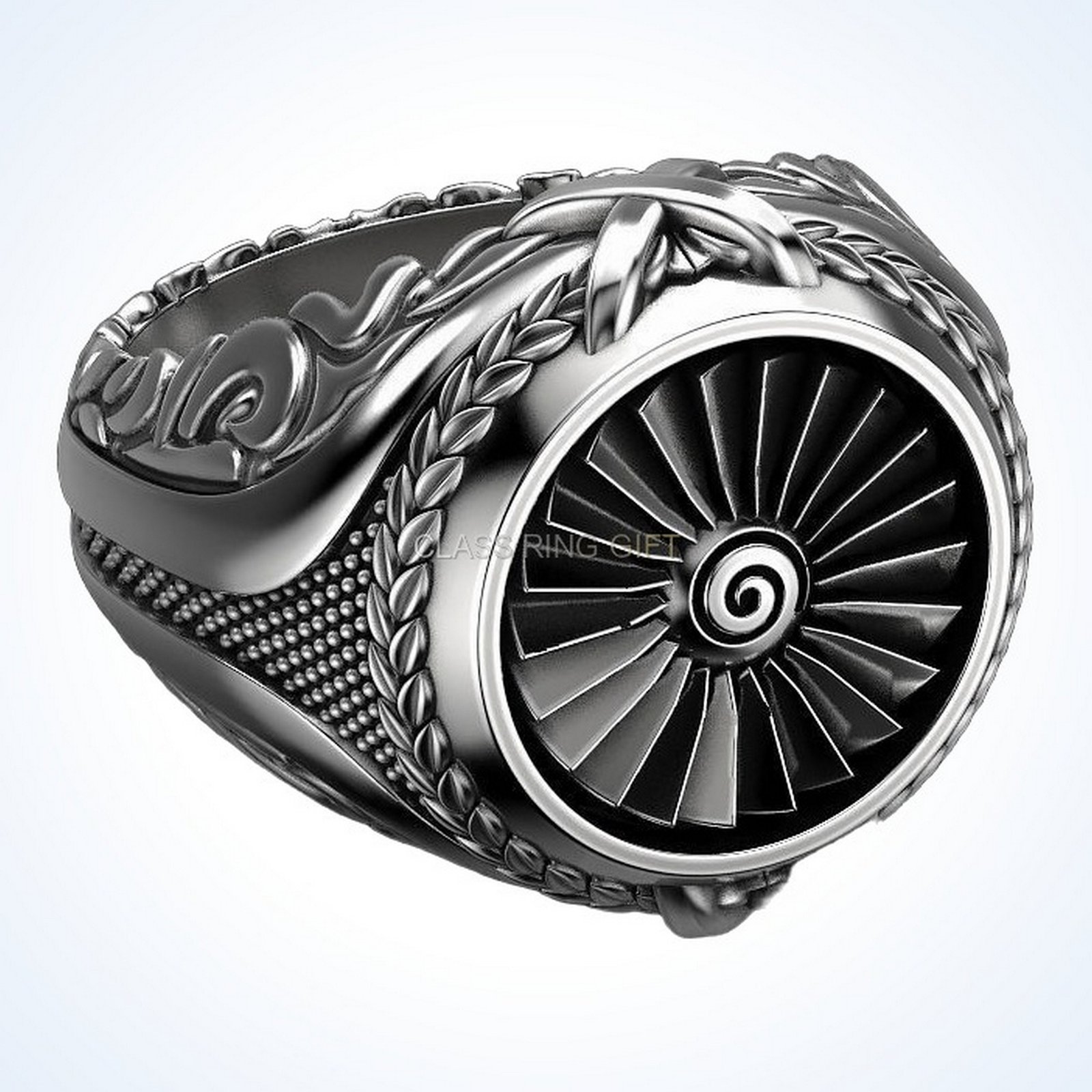 Gift for him turbine ring with detailed engine face and ornamental borders