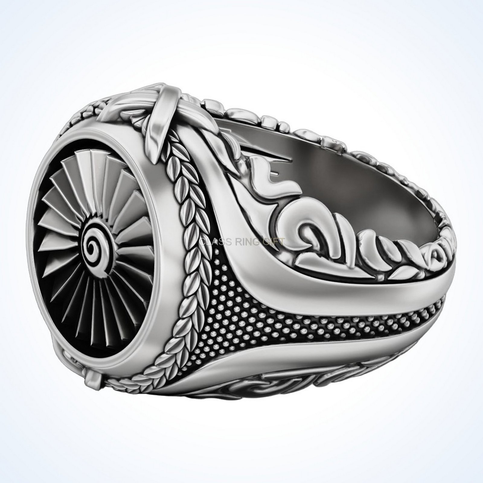 Gift for him turbine ring with detailed engine face and ornamental borders