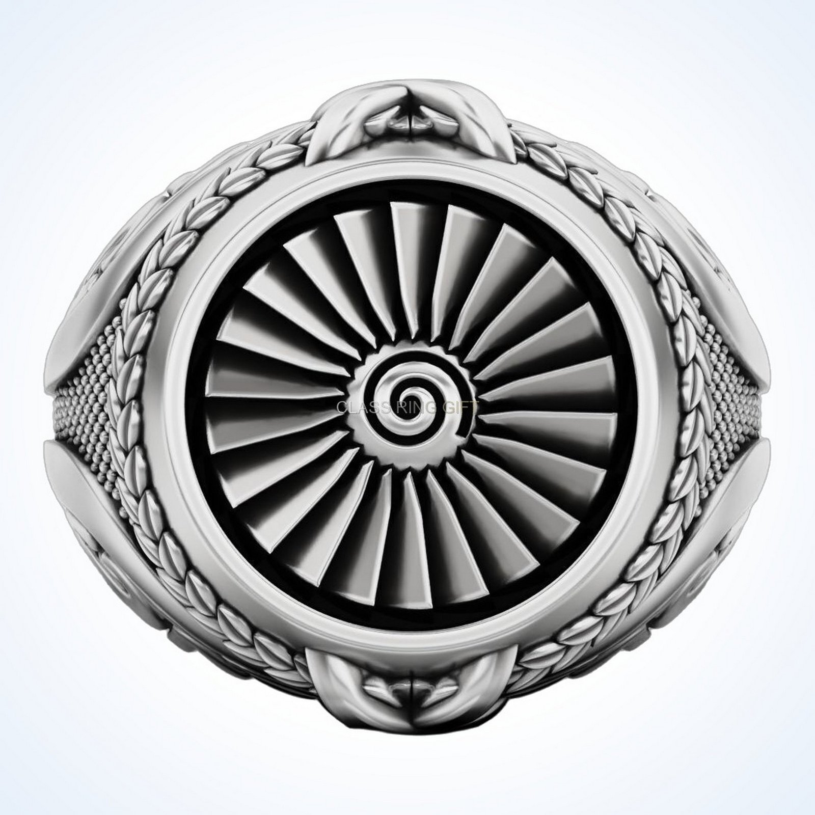 Gift for him turbine ring with detailed engine face and ornamental borders