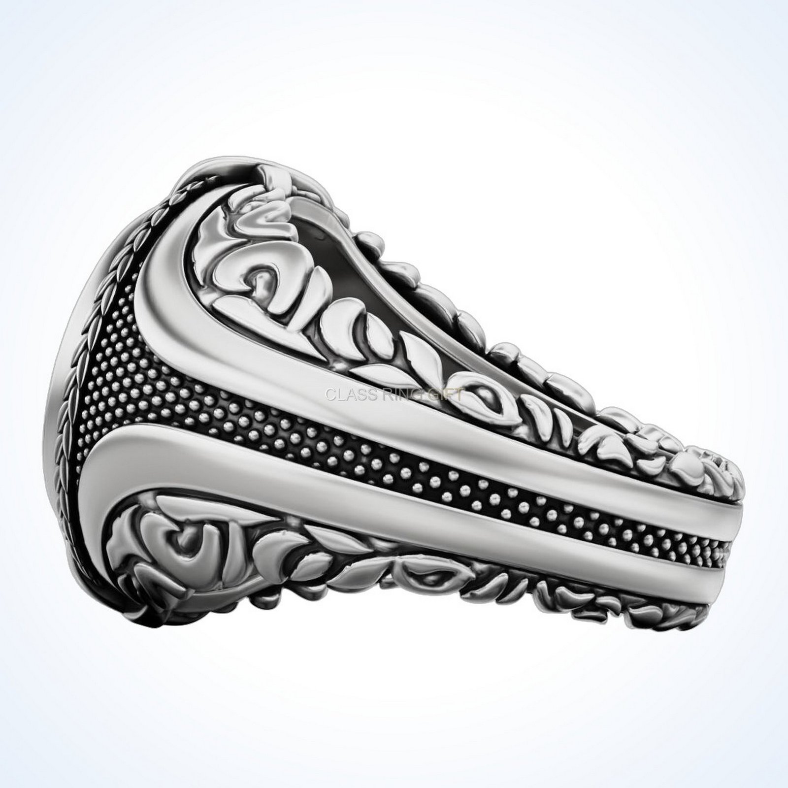 Gift for him turbine ring, side profile showing ornamental shoulders