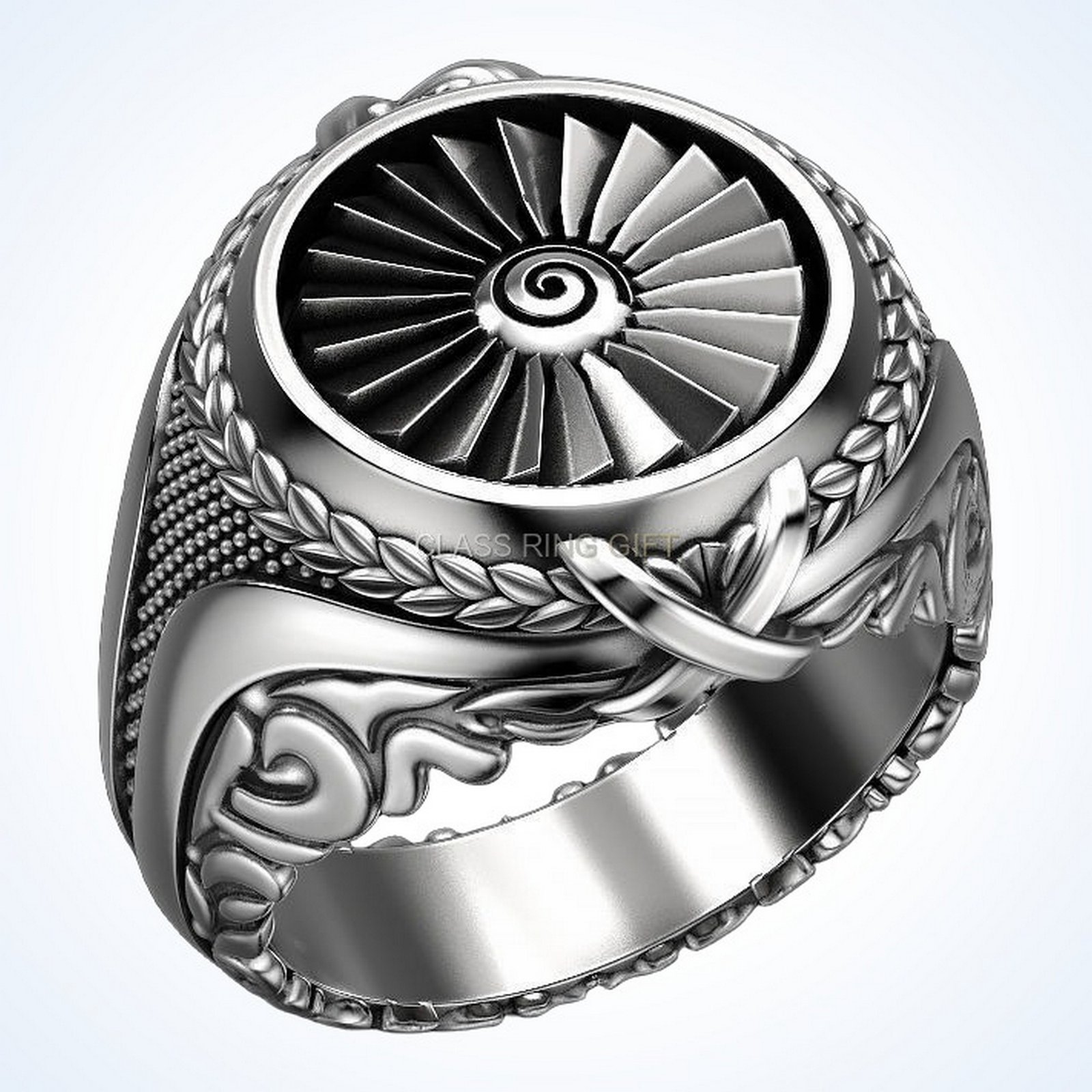 Gift for him turbine ring, three-quarter angled view of complete ring
