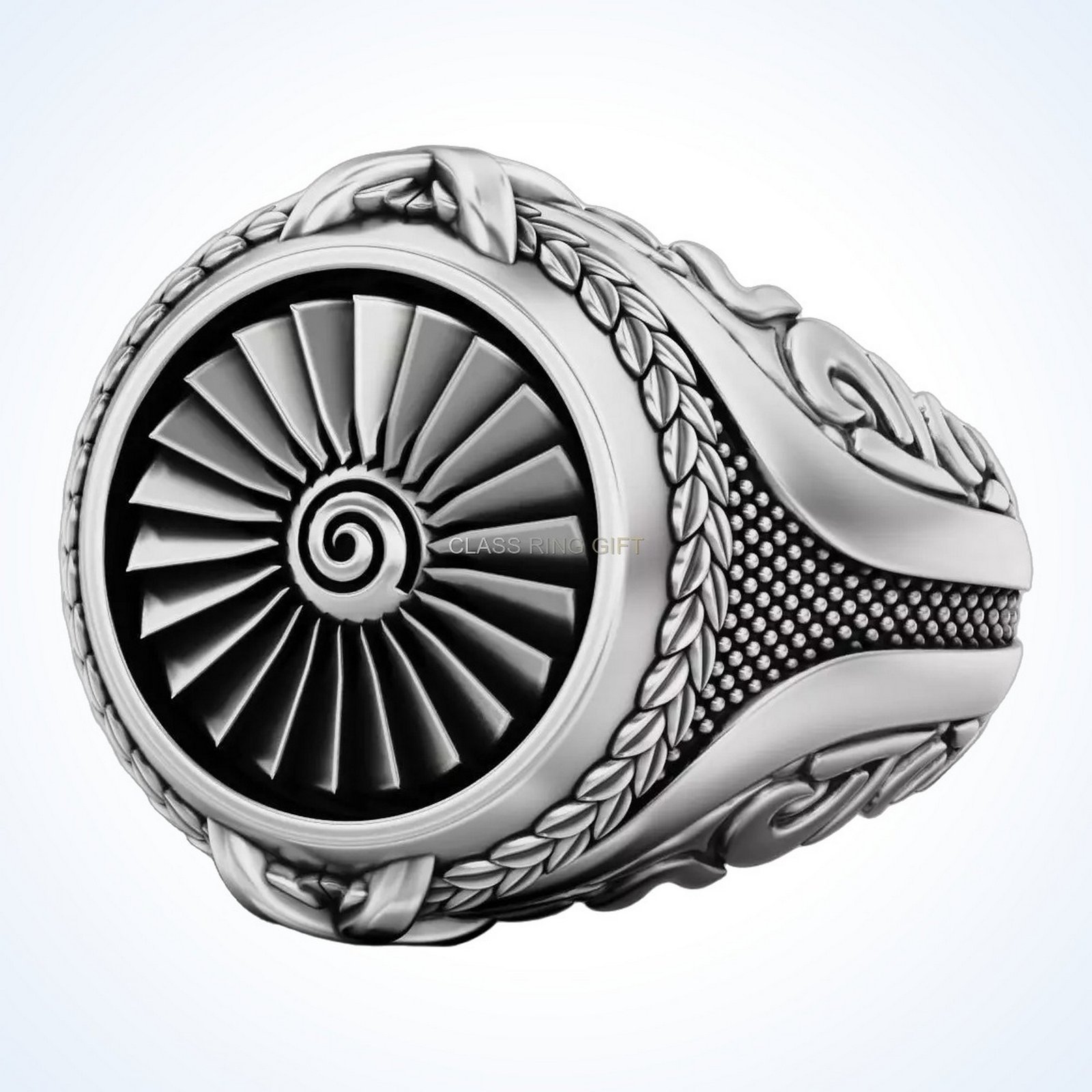 Gift for him turbine ring, angled side view displaying band and scrollwork