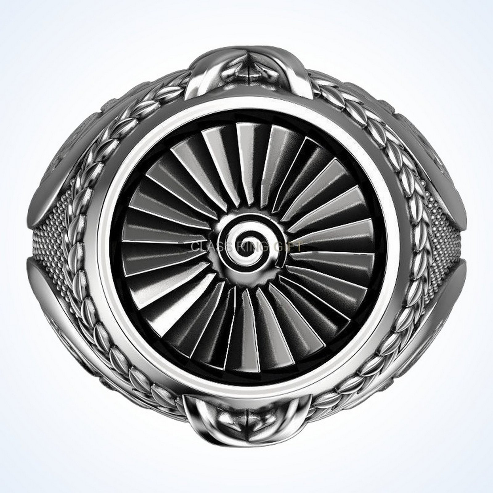 Gift for him turbine ring with detailed engine face and ornamental borders