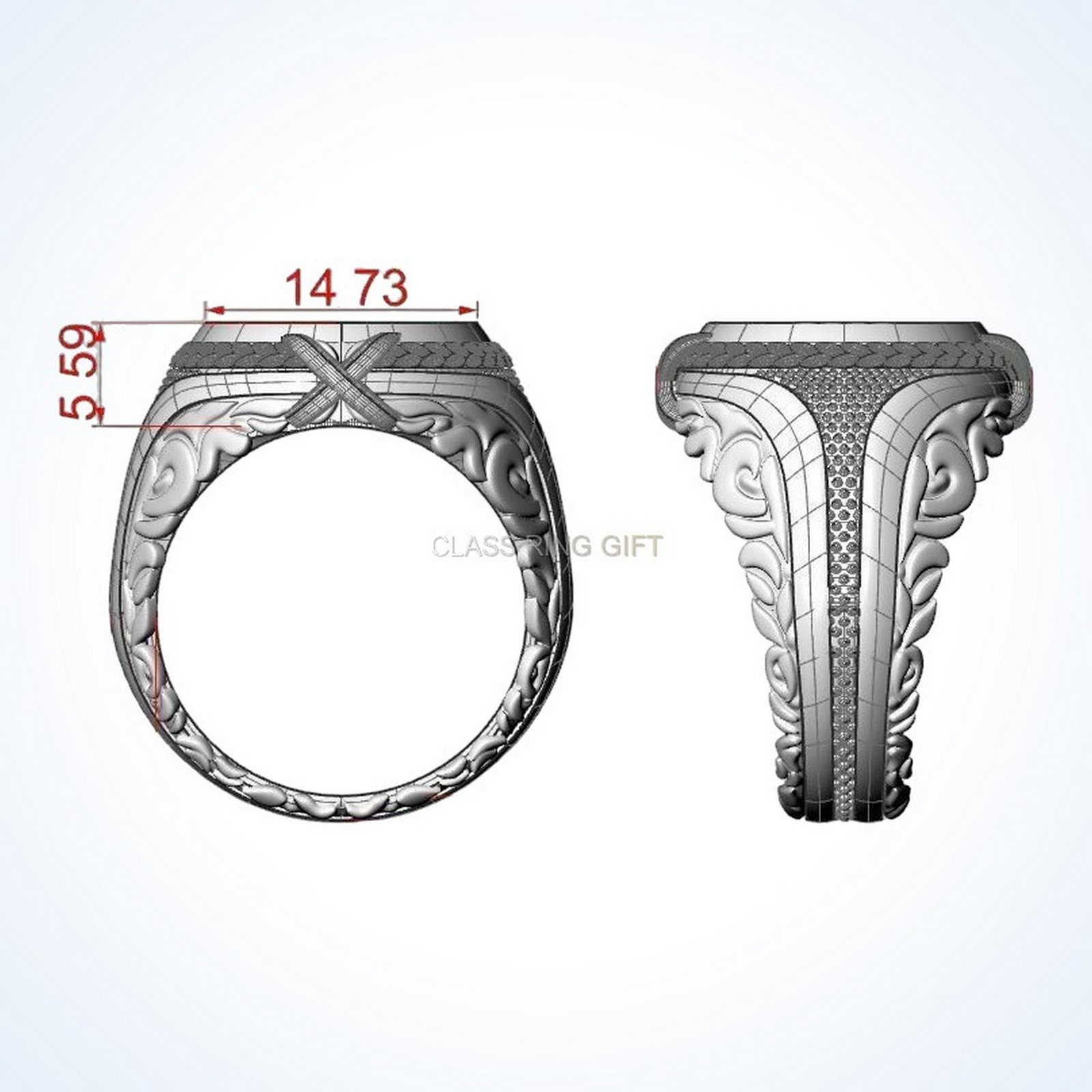 Gift for him turbine ring with detailed engine face and ornamental borders