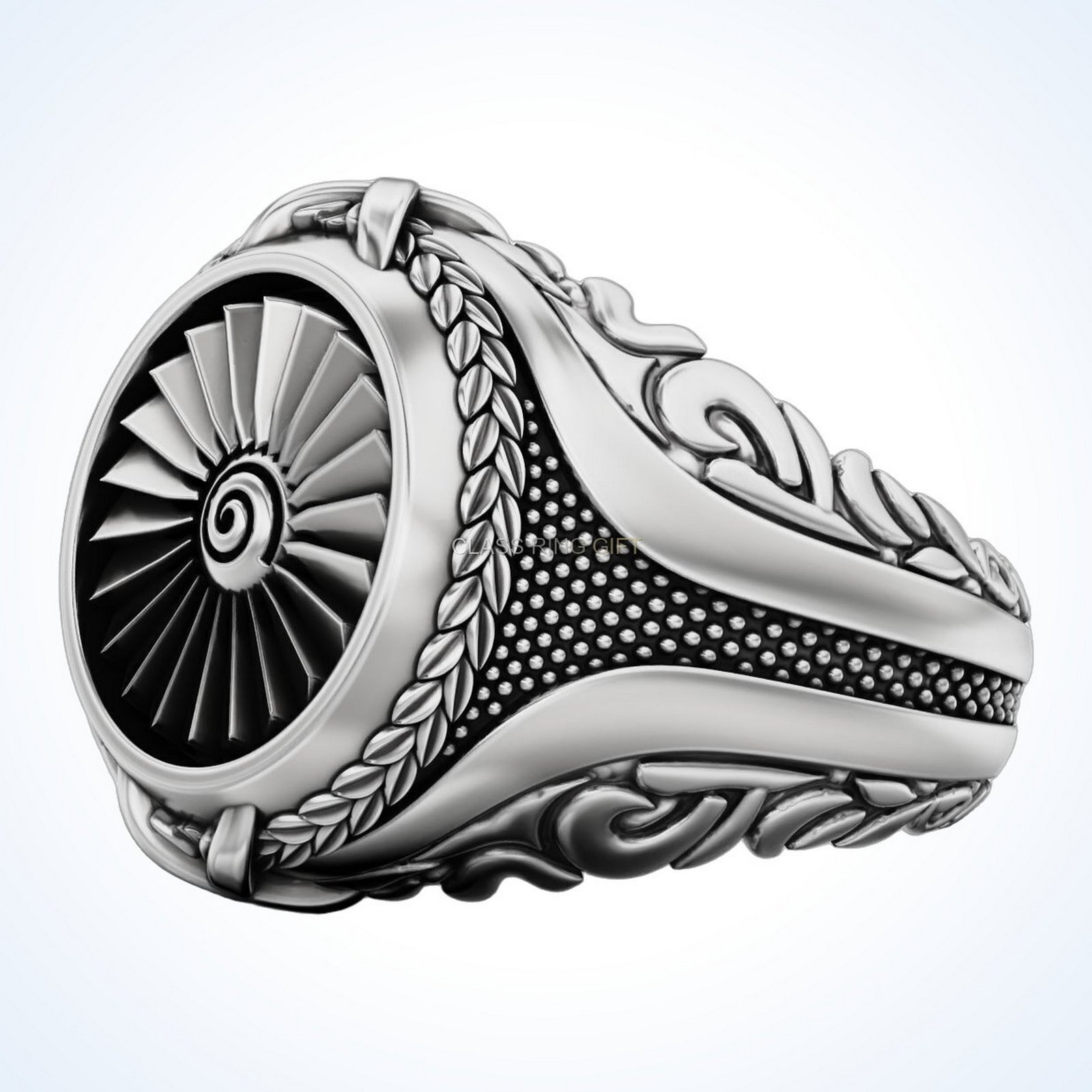 Gift for him turbine ring with detailed engine face and ornamental borders