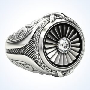 Men's sterling silver turbine engine ring with braided borders and faceted stone