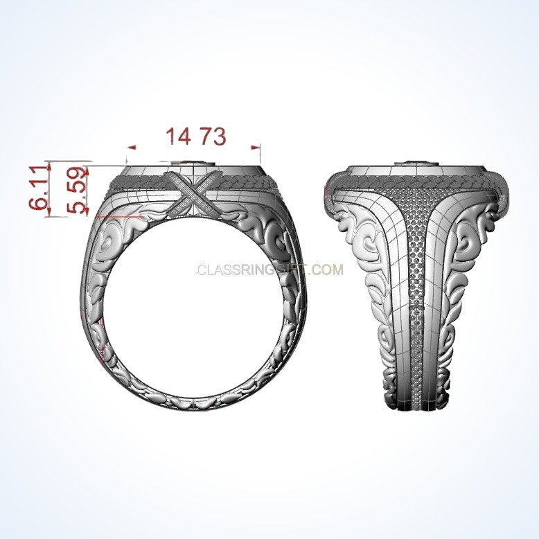 Men's sterling silver turbine engine ring with braided borders and faceted stone