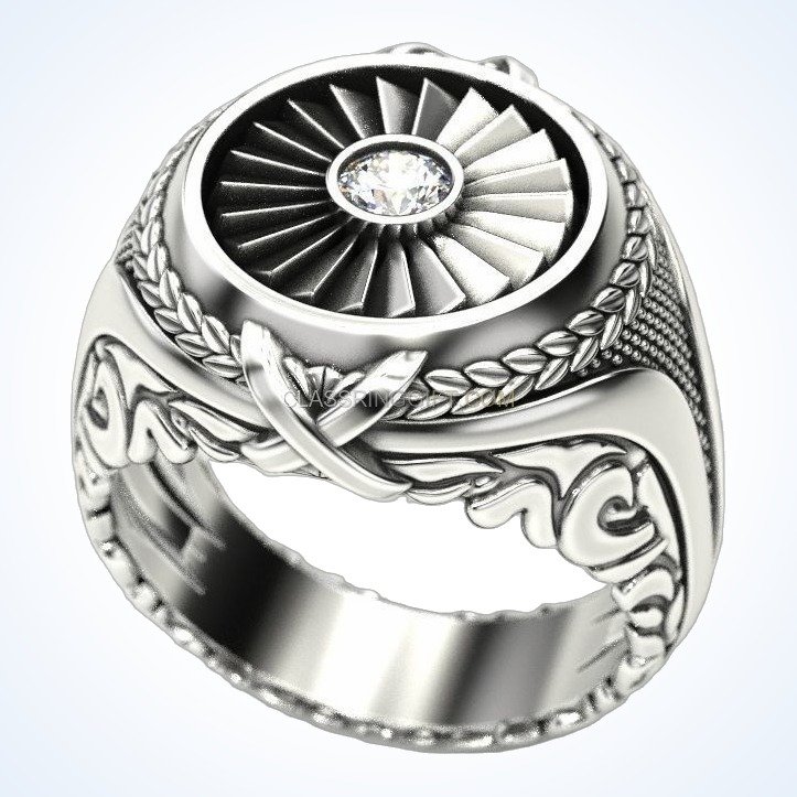 Mens sterling silver turbine engine ring, side profile view