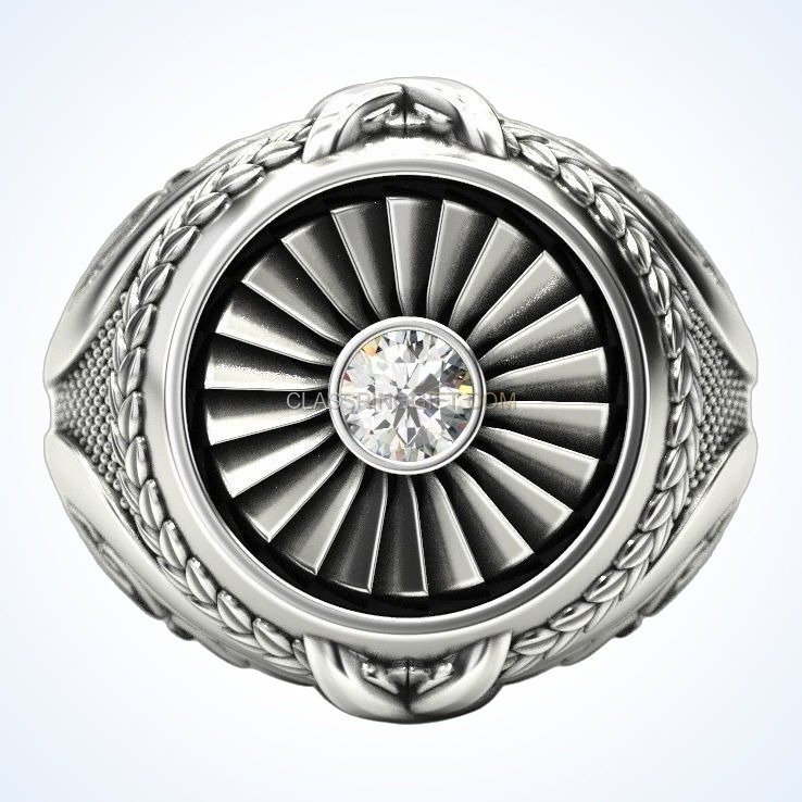 Mens sterling silver turbine engine ring, top-down full face view