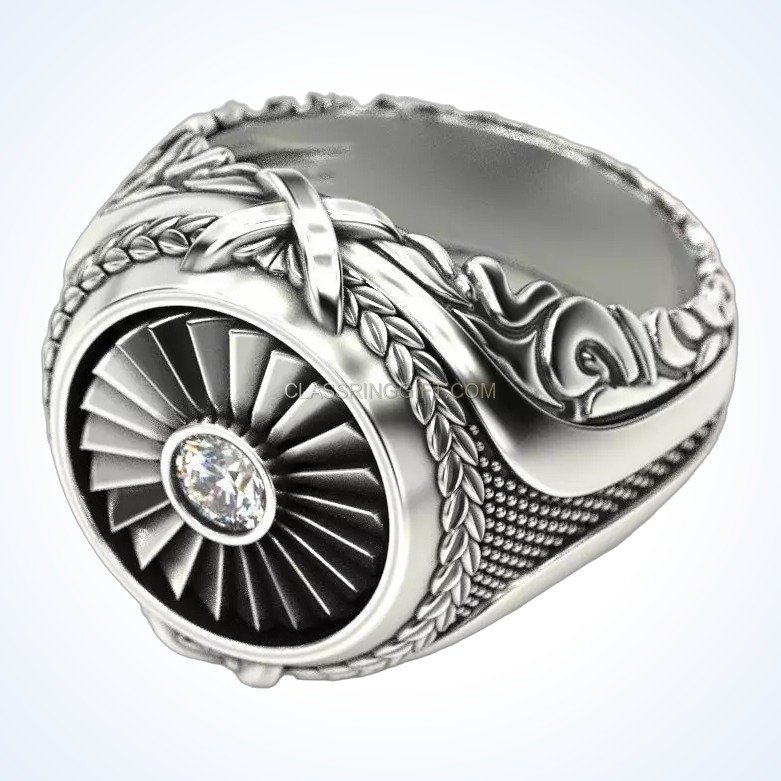 Mens sterling silver turbine engine ring, angled three-quarter side view