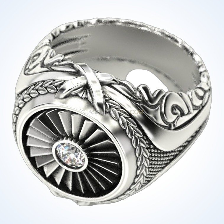 Mens sterling silver turbine engine ring, inner band and back view