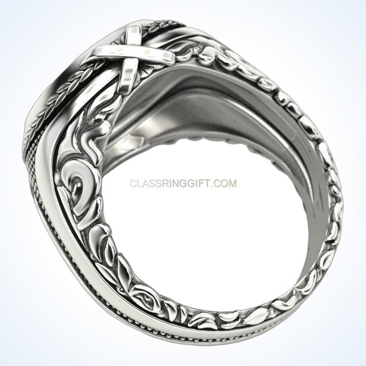 Men's sterling silver turbine engine ring with braided borders and faceted stone