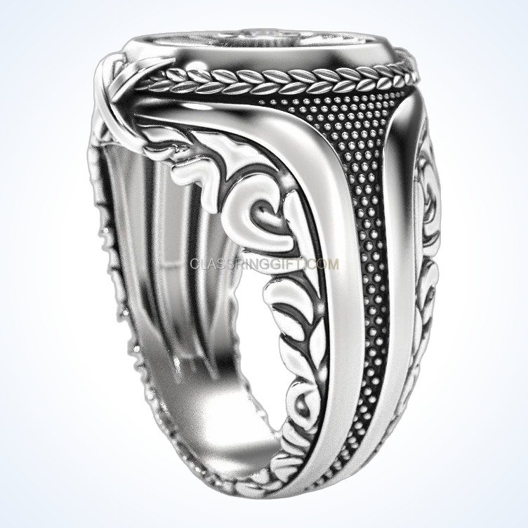 Men's sterling silver turbine engine ring with braided borders and faceted stone