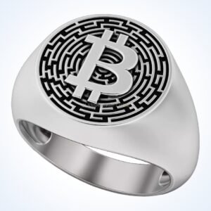 Mens sterling silver bitcoin signet ring with labyrinth border, polished finish
