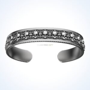 Mens gift for him in skulls, oxidized 925 sterling silver cuff bracelet