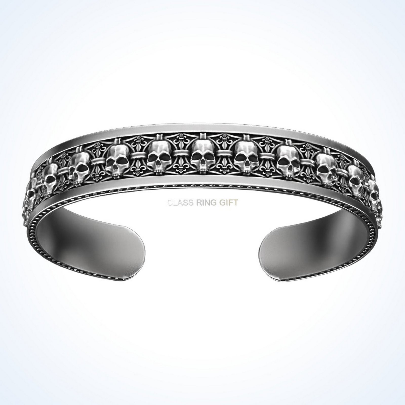 Mens gift for him in skulls, oxidized 925 sterling silver cuff bracelet