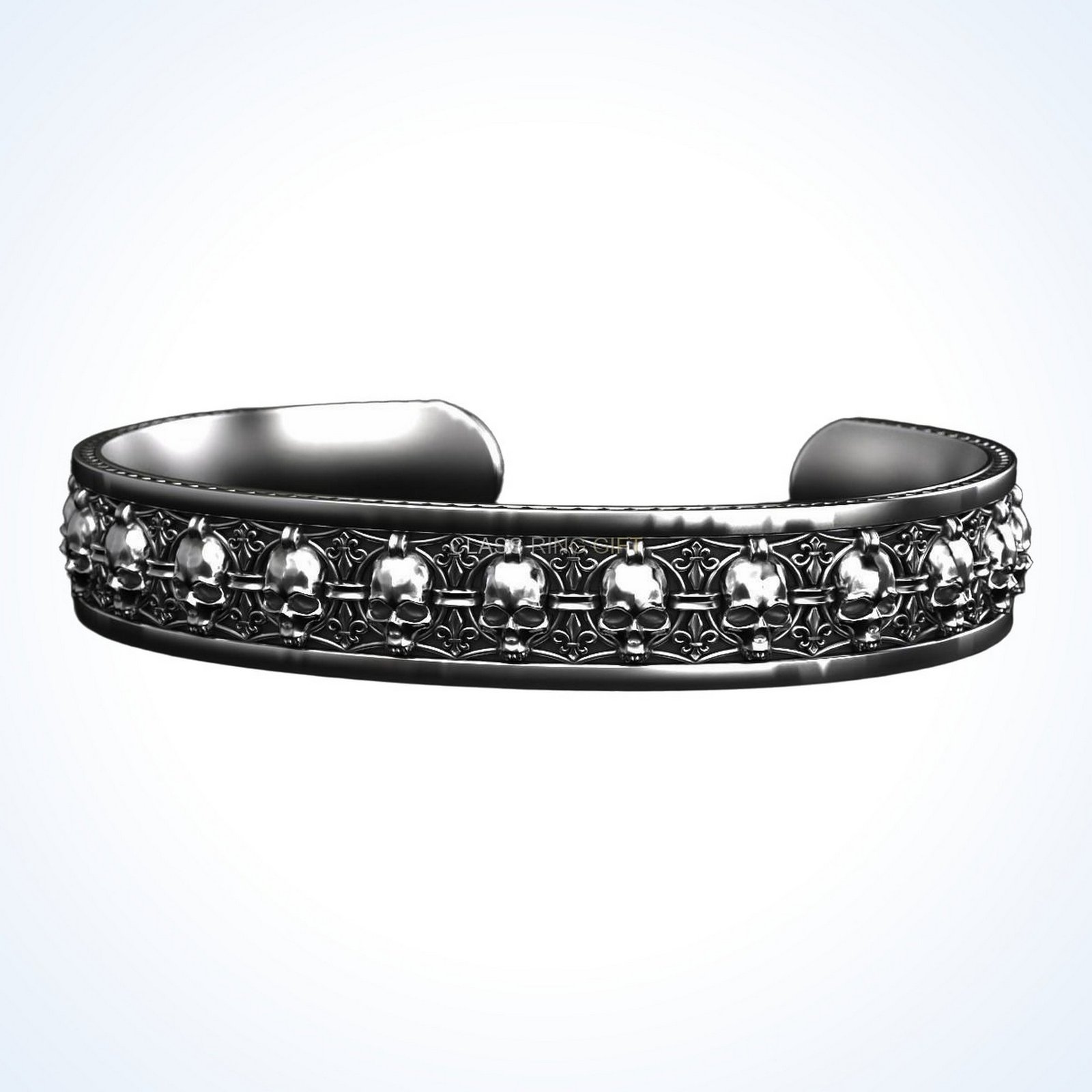Mens gift for him in skulls, oxidized 925 sterling silver cuff bracelet