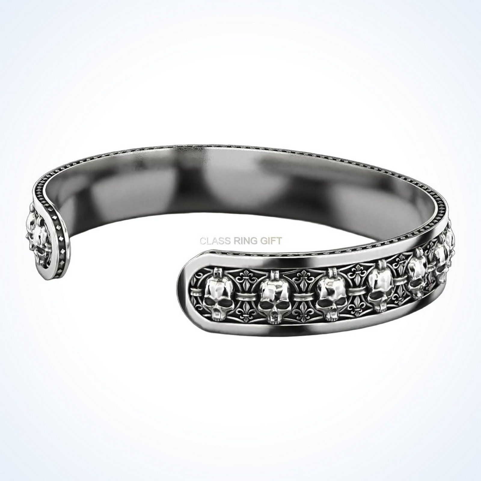 Mens gift for him in skulls, oxidized 925 sterling silver cuff bracelet
