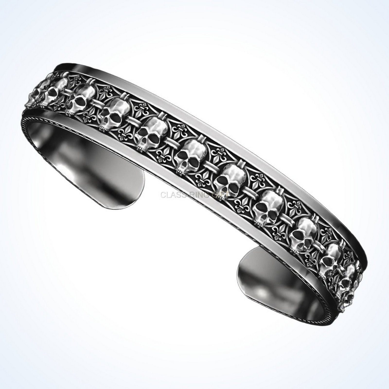 Mens gift for him in skulls, oxidized 925 sterling silver cuff bracelet