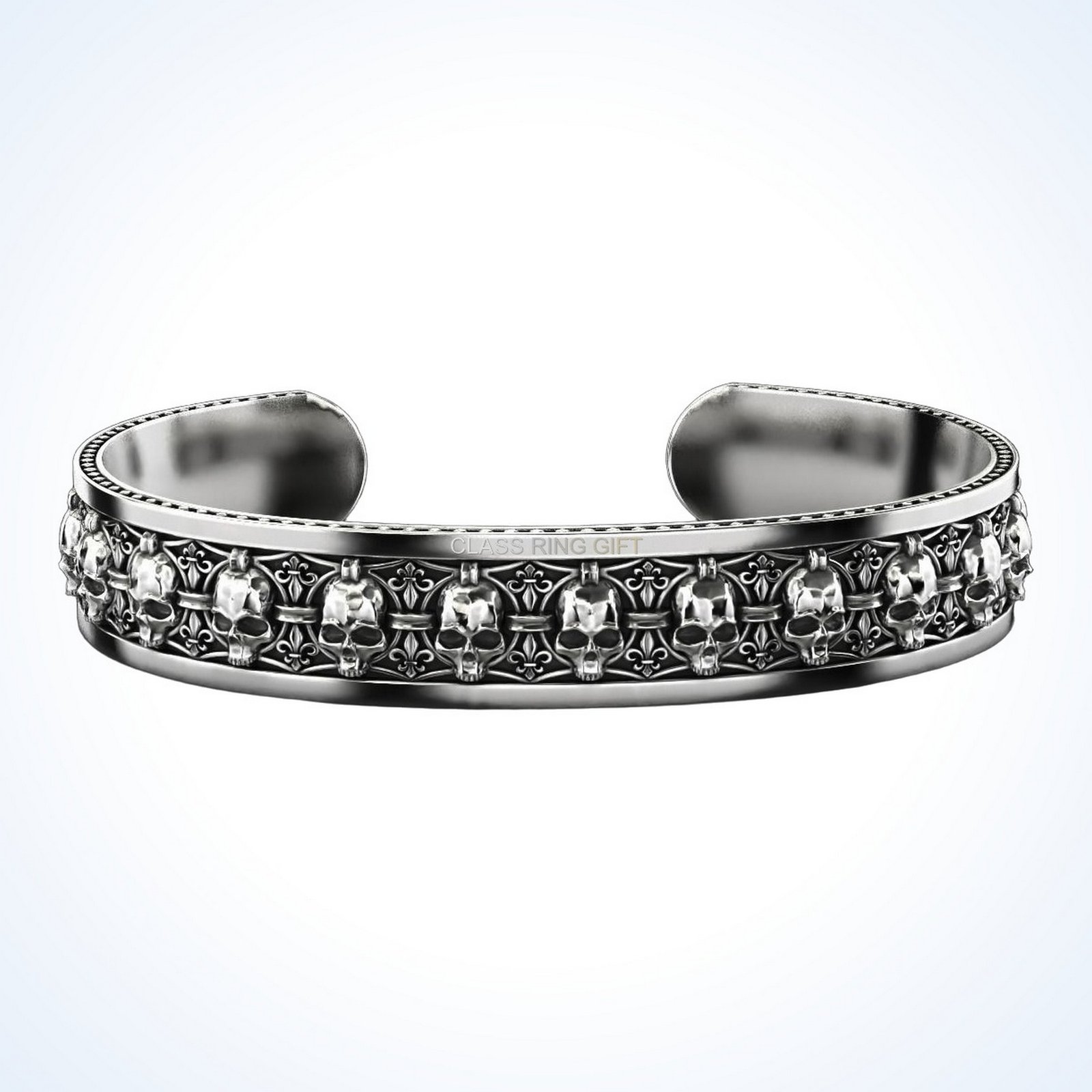 Mens gift for him in skulls, oxidized 925 sterling silver cuff bracelet