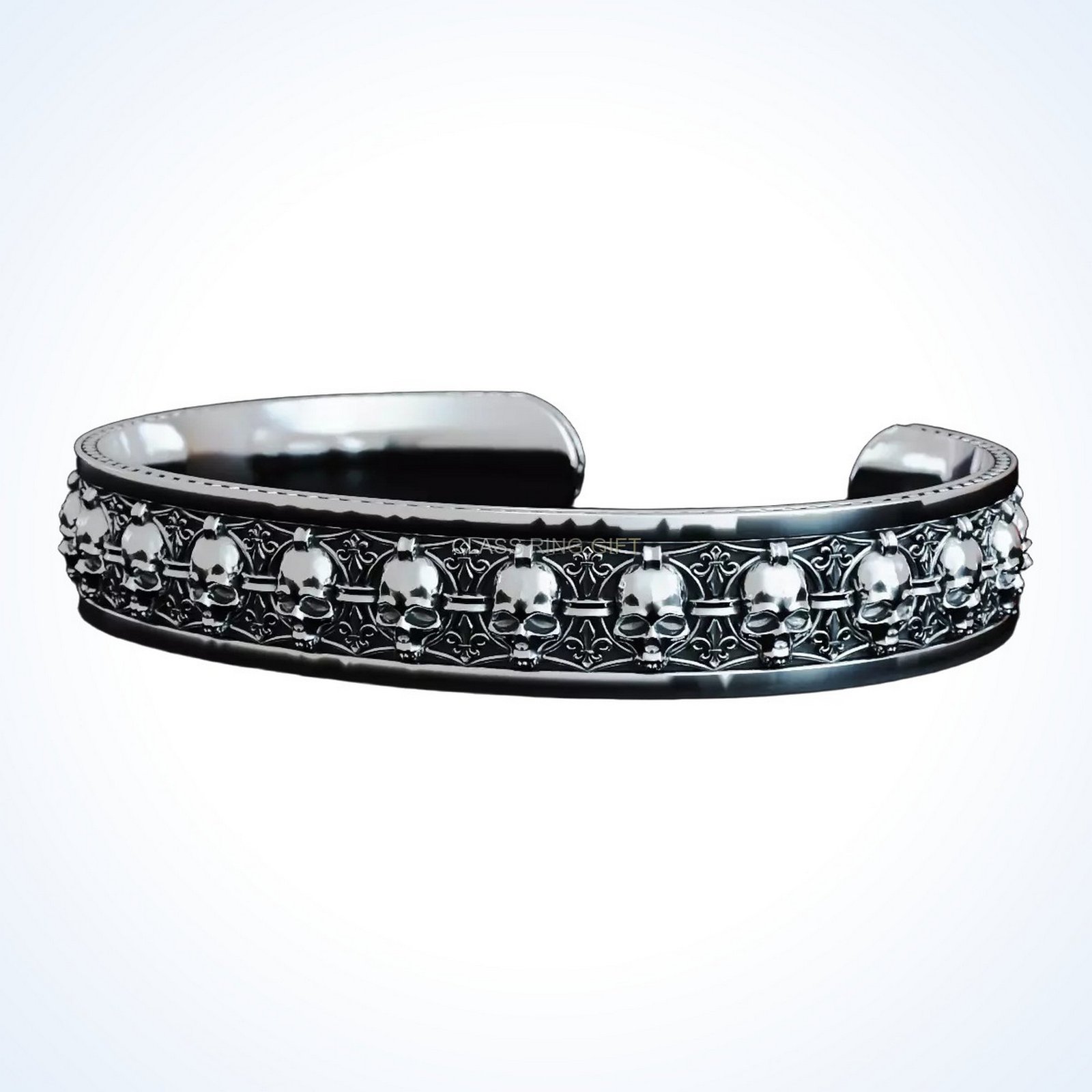 Mens gift for him in skulls, oxidized 925 sterling silver cuff bracelet