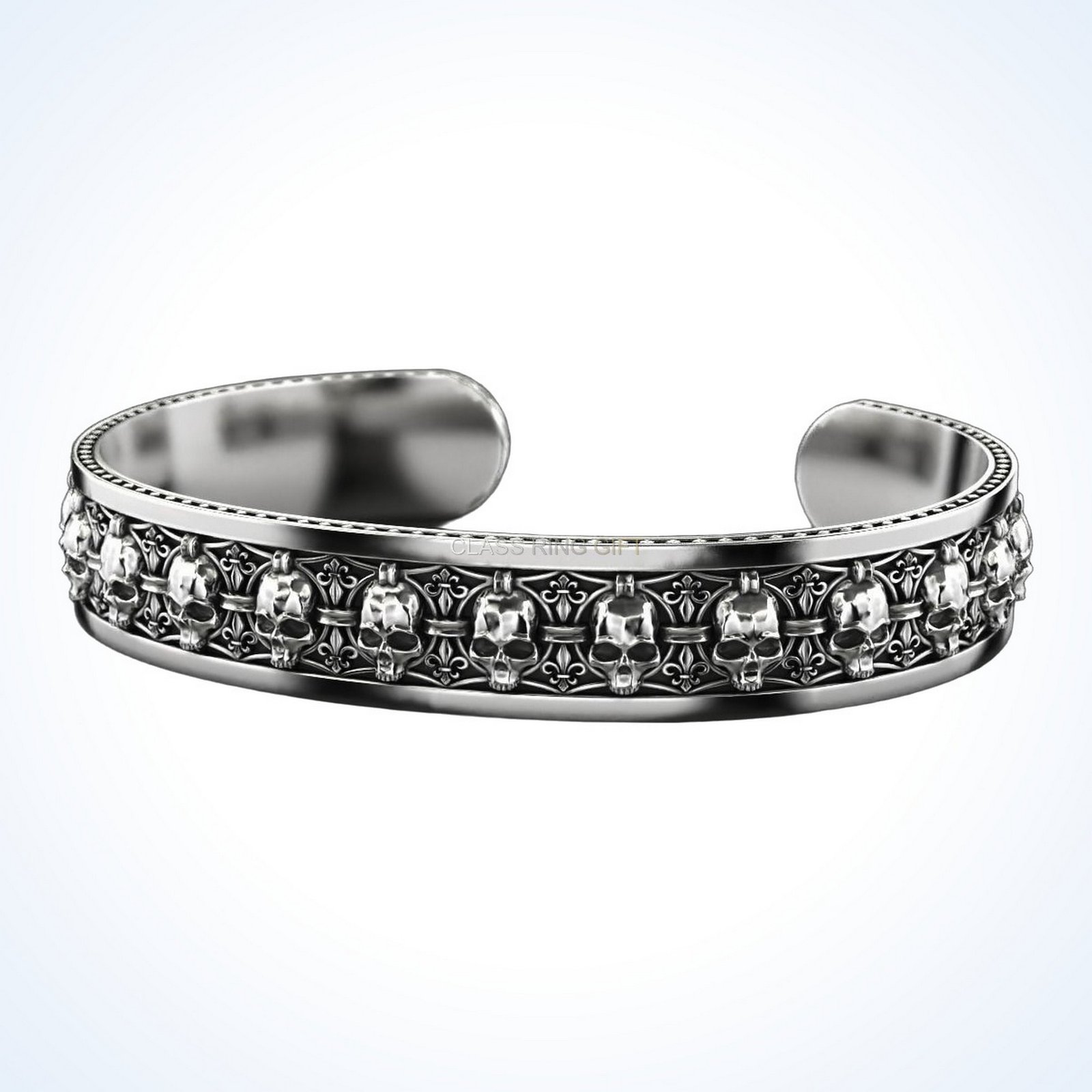 Mens gift for him in skulls, oxidized 925 sterling silver cuff bracelet