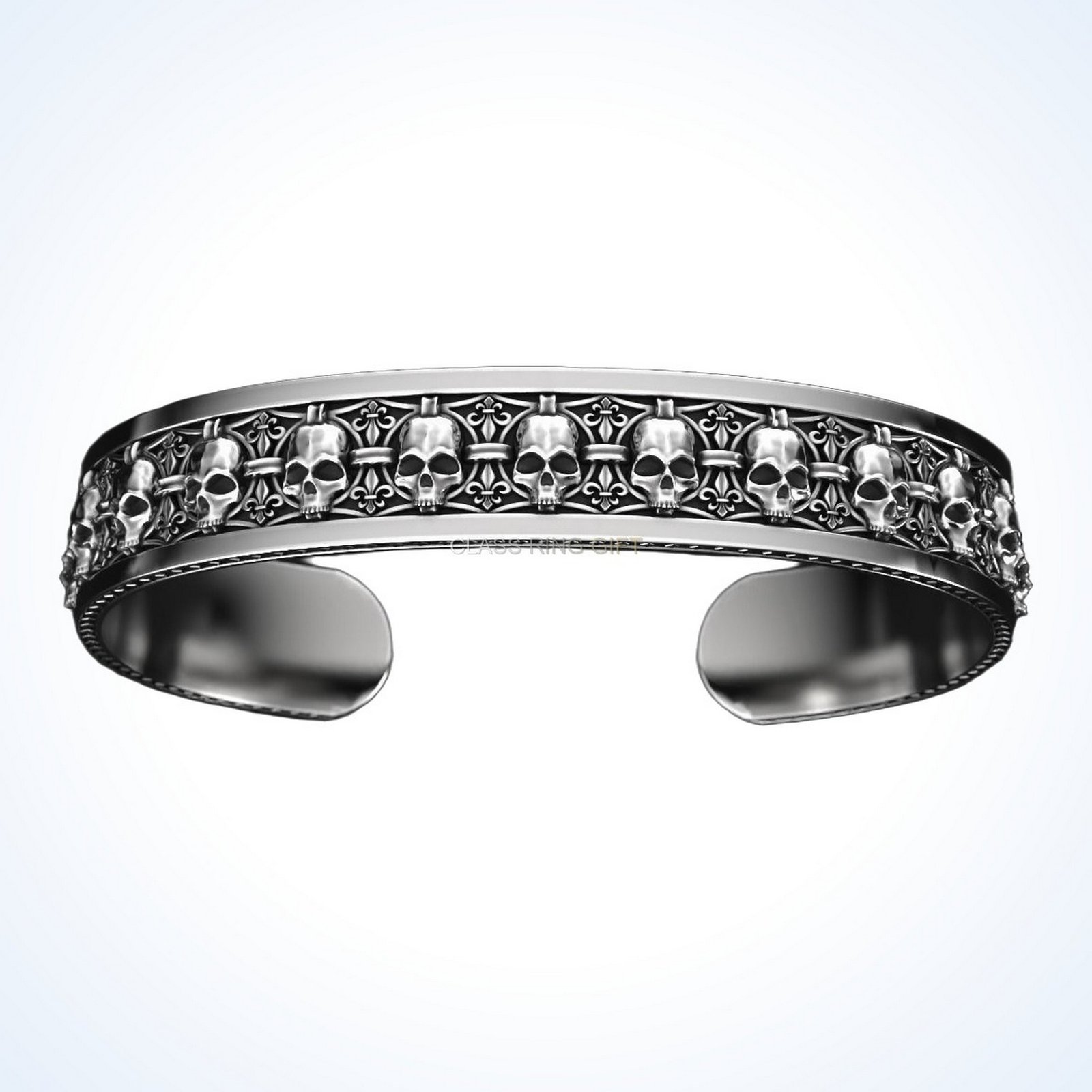 Mens gift for him in skulls, oxidized 925 sterling silver cuff bracelet