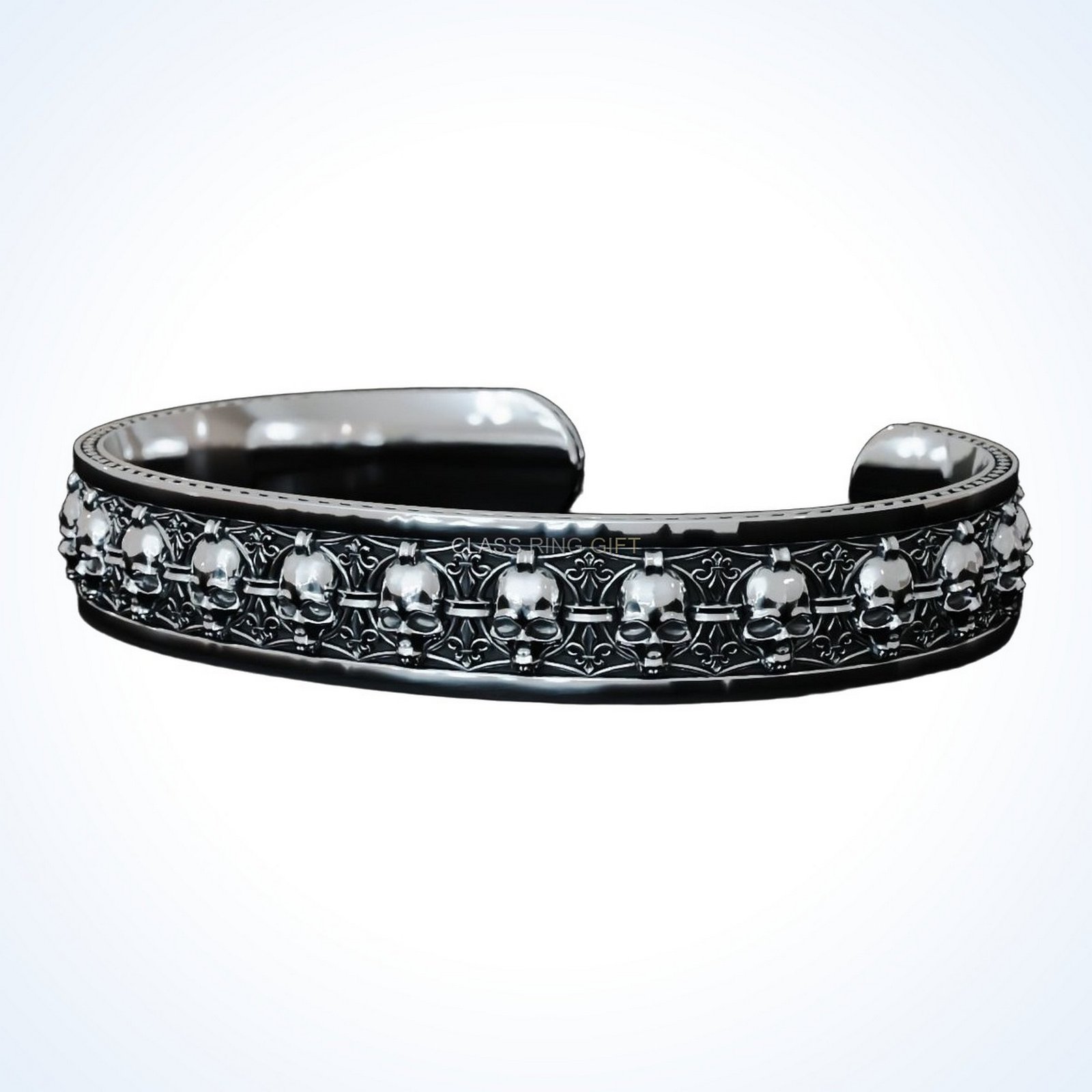 Mens gift for him in skulls, oxidized 925 sterling silver cuff bracelet
