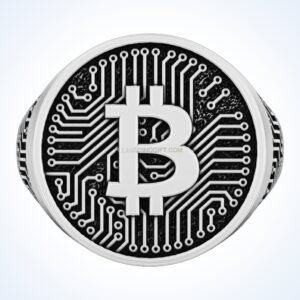 Men's sterling silver bitcoin crypto ring with circuit board border