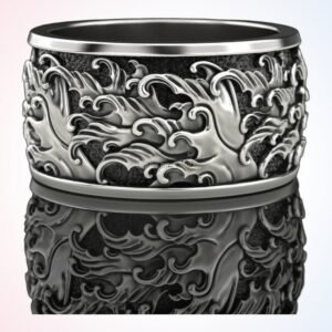 Anniversary gift mesmerizing Japanese ring, oxidized 925 sterling silver with wave pattern