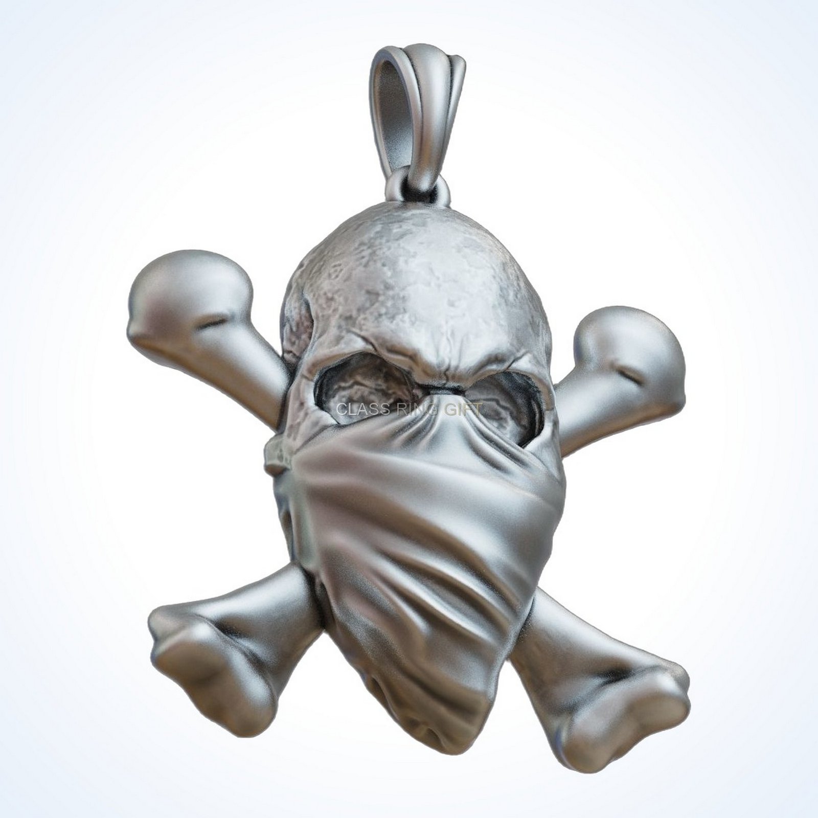 Gift for him mobb face bandana skull pendant with crossed bones, polished 925 sterling silver