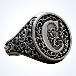 Gift for him monogram vintage signet ring with ornate acanthus leaf frame, oxidized sterling silver