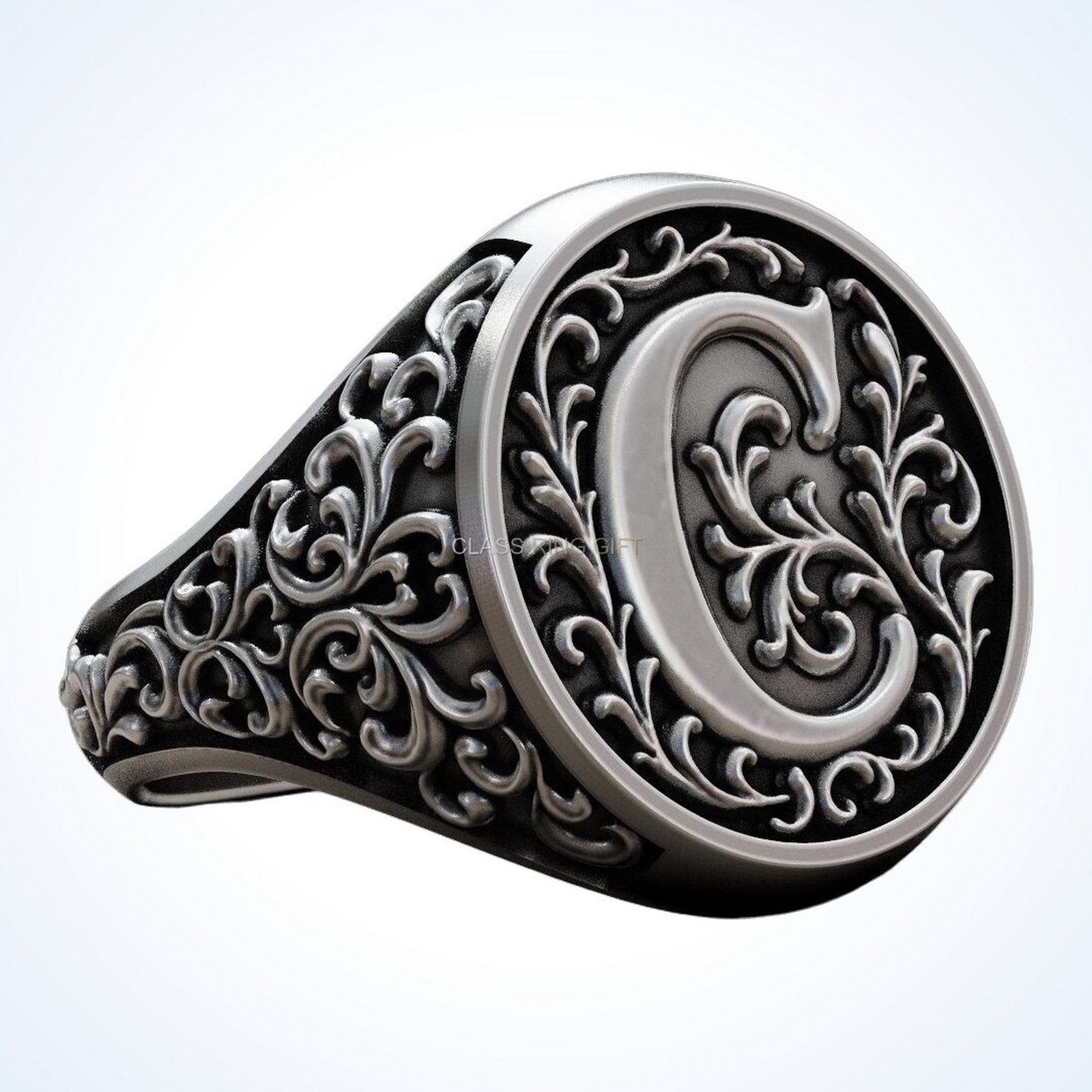 Gift for him monogram vintage signet ring with ornate acanthus leaf frame, oxidized sterling silver