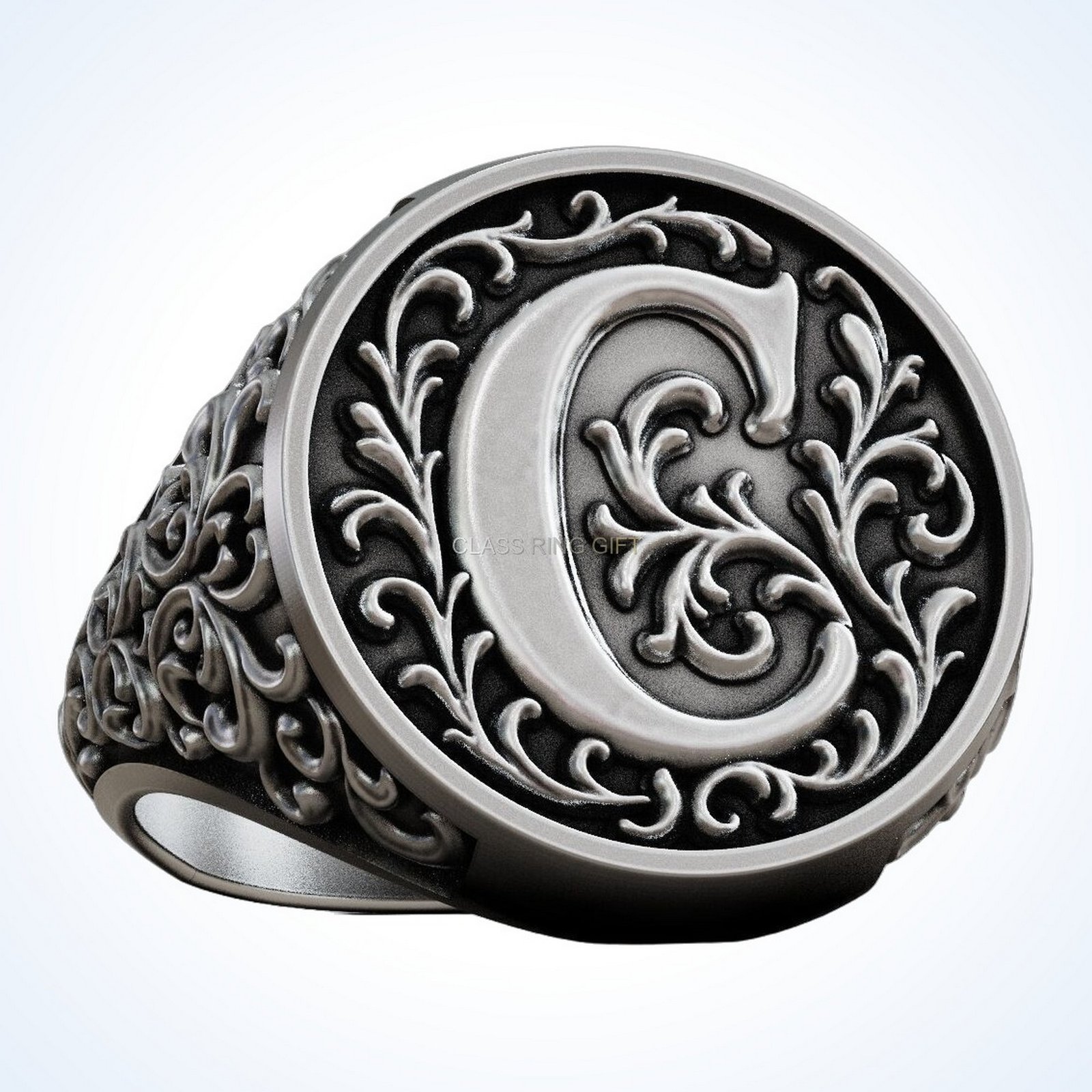 Gift for him monogram vintage, angled front-left view of full ring