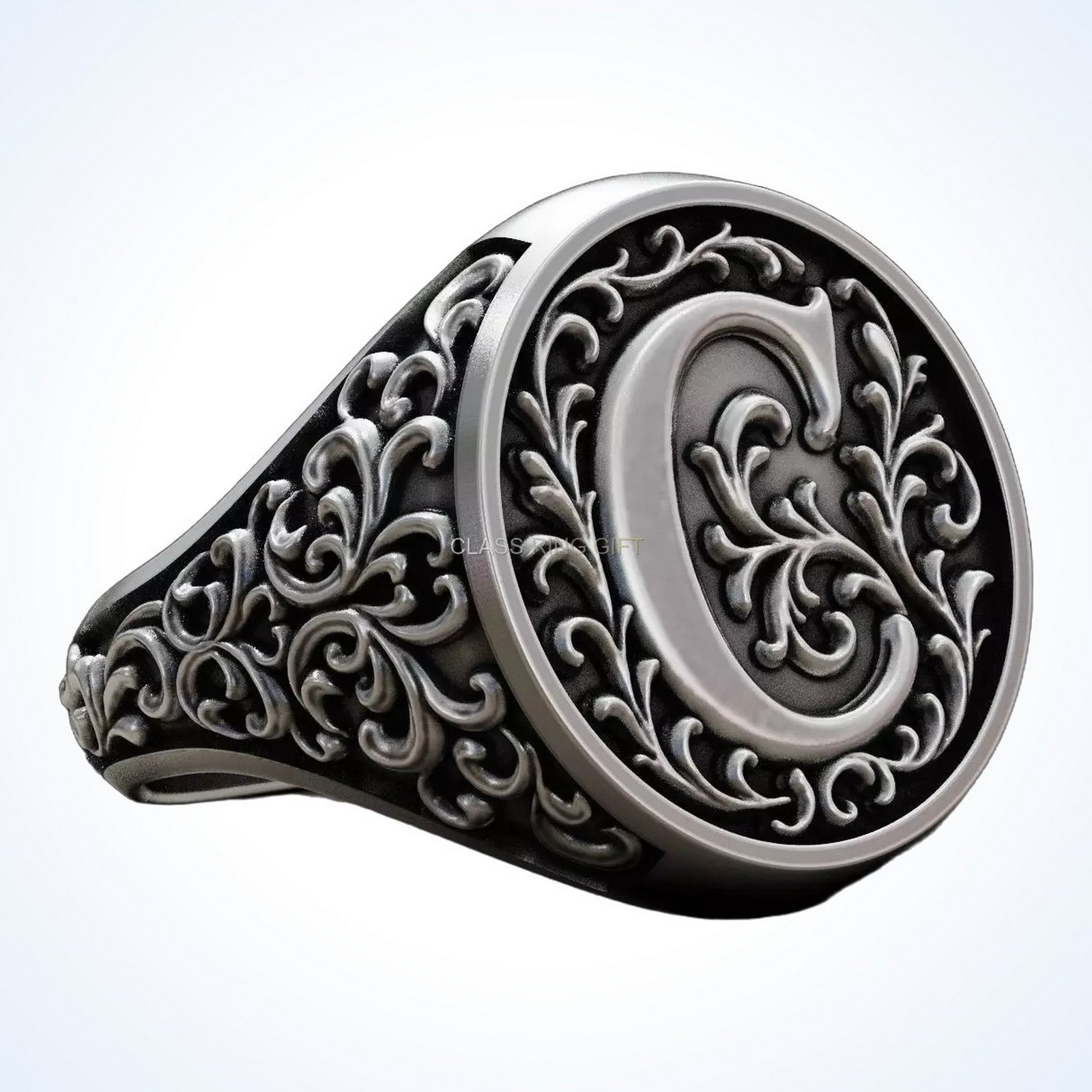 Gift for him monogram vintage signet ring with ornate acanthus leaf frame, oxidized sterling silver