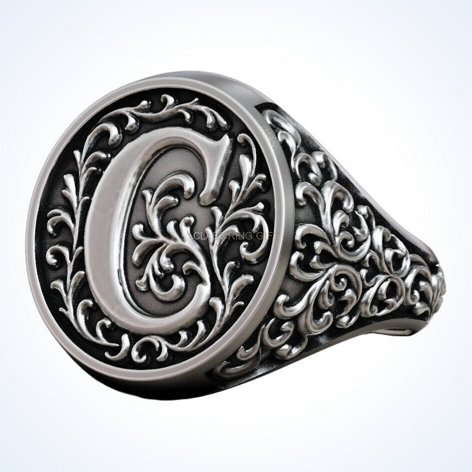 Gift for him monogram vintage signet ring with ornate acanthus leaf frame, oxidized sterling silver