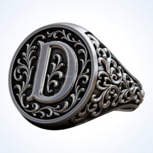 Signet gift for him monogram vintage D ring with acanthus leaf border, oxidized 925 sterling silver