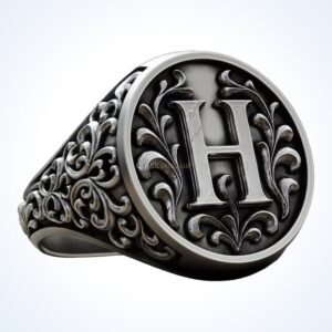 Ornament gift for him monogram vintage signet ring with letter H, 925 sterling silver