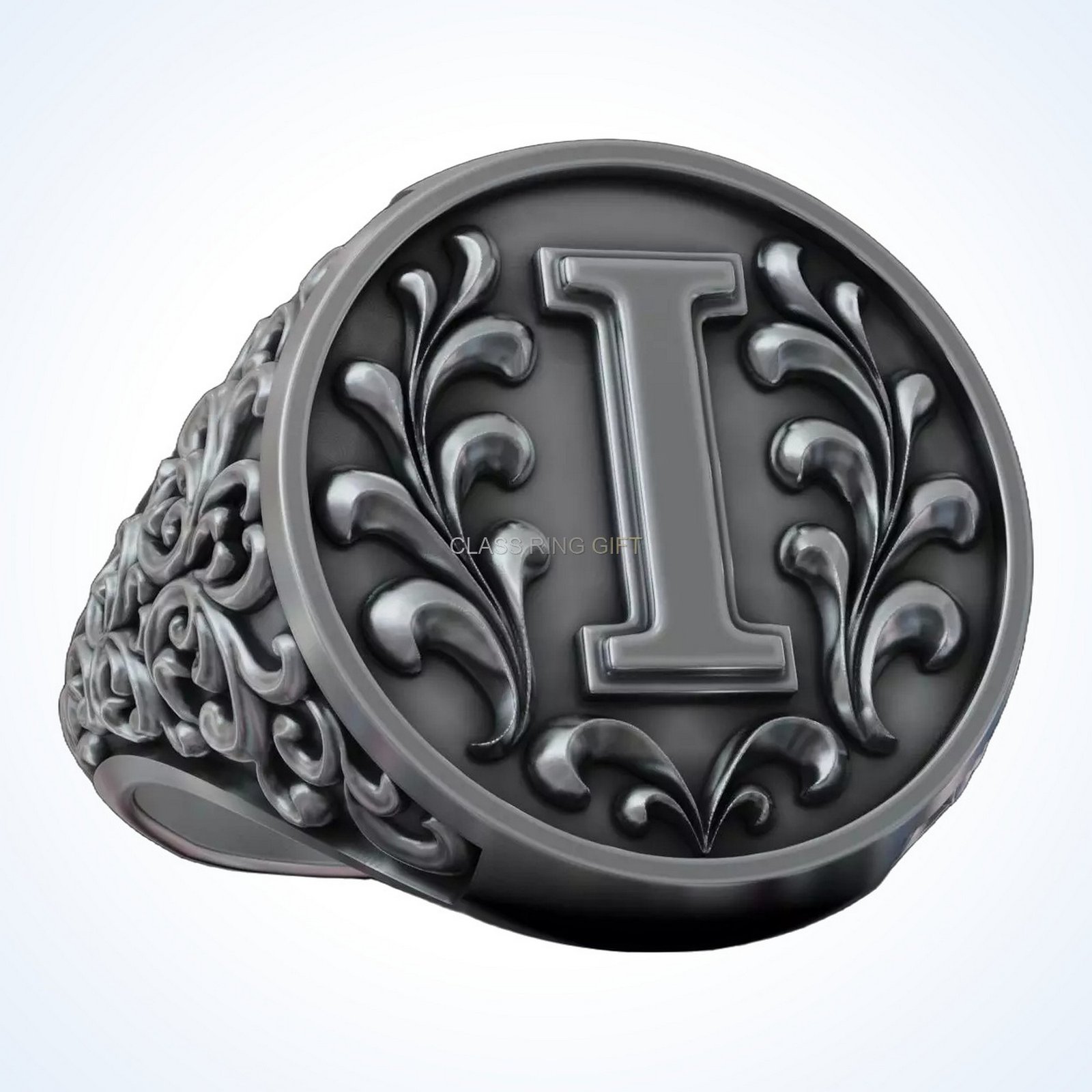 Gift for him monogram leter, right side profile showing ornamental band