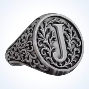 signet gift for him monogram leter J, oxidized 925 silver