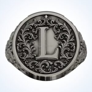 Gift for him monogram letter L signet ring, oxidized 925 silver baroque acanthus