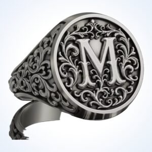 Gift for him monogram letter M signet ring, oxidized antique 925 silver, ornamental floral border