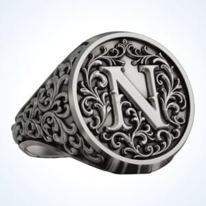 Signet gift for him monogram letter ring, oxidized 925 silver with acanthus scroll border