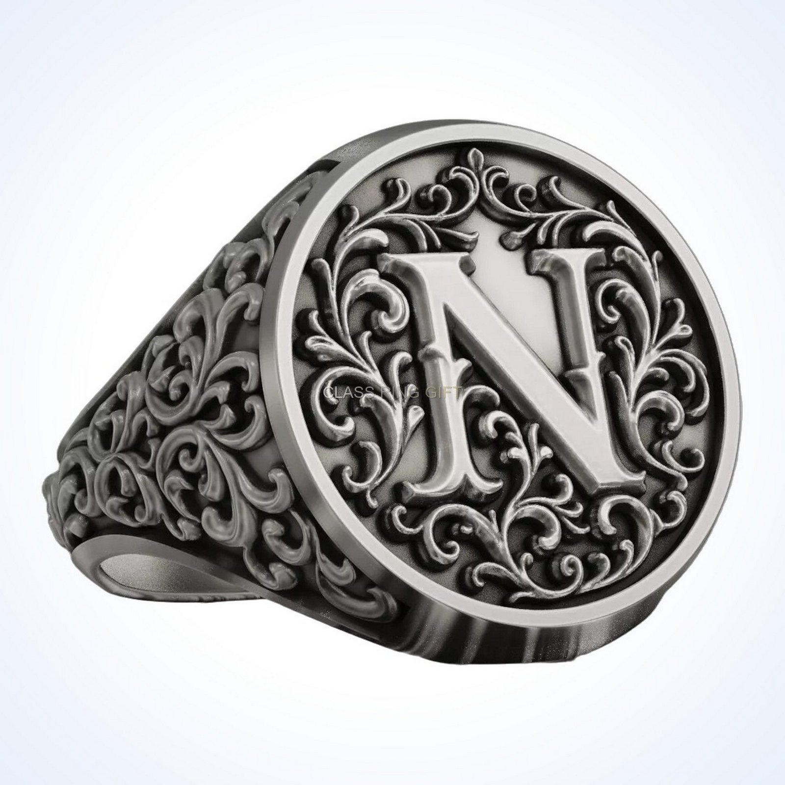 Signet gift for him monogram letter ring, oxidized 925 silver with acanthus scroll border