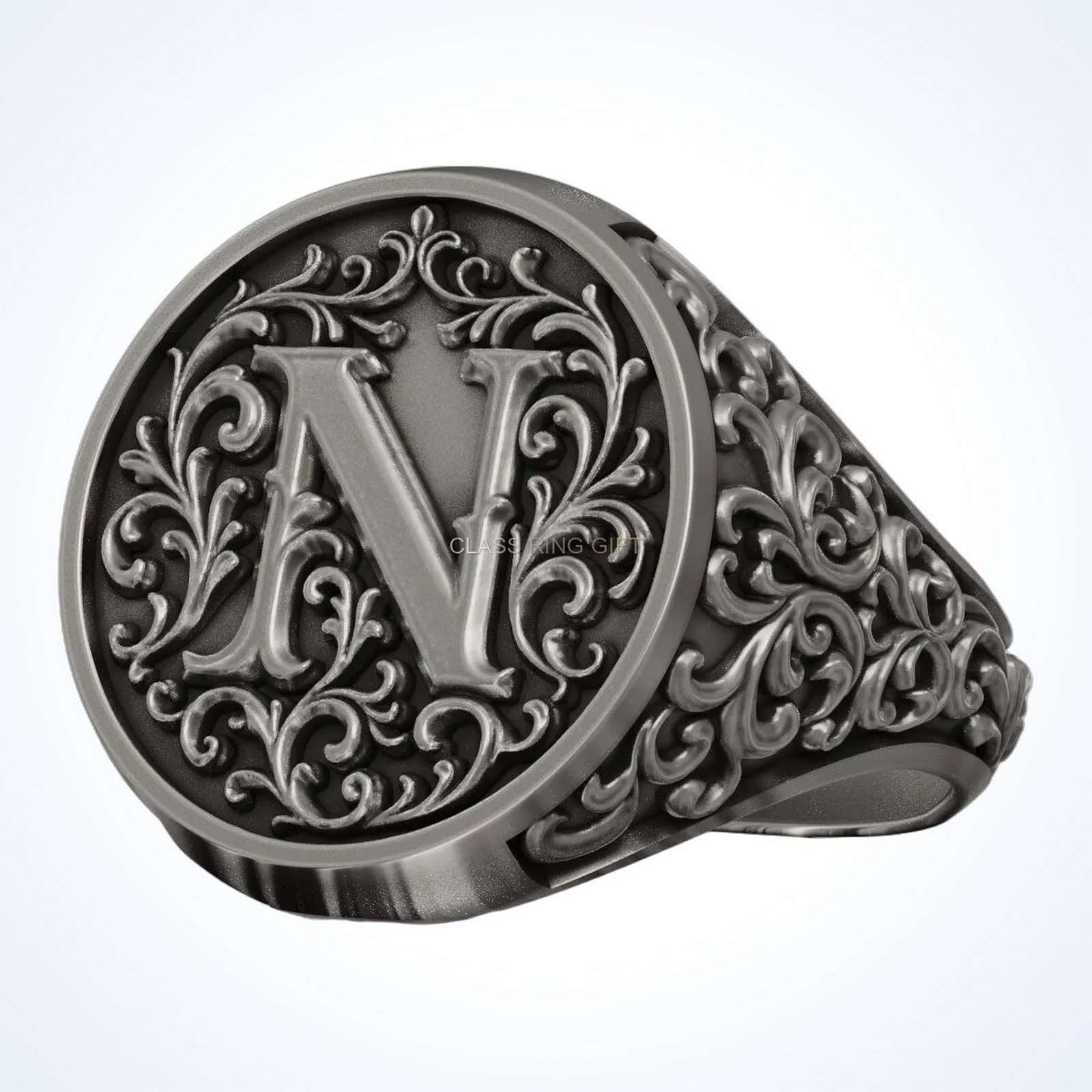 Signet gift for him monogram letter, front face with V monogram letter, angled view