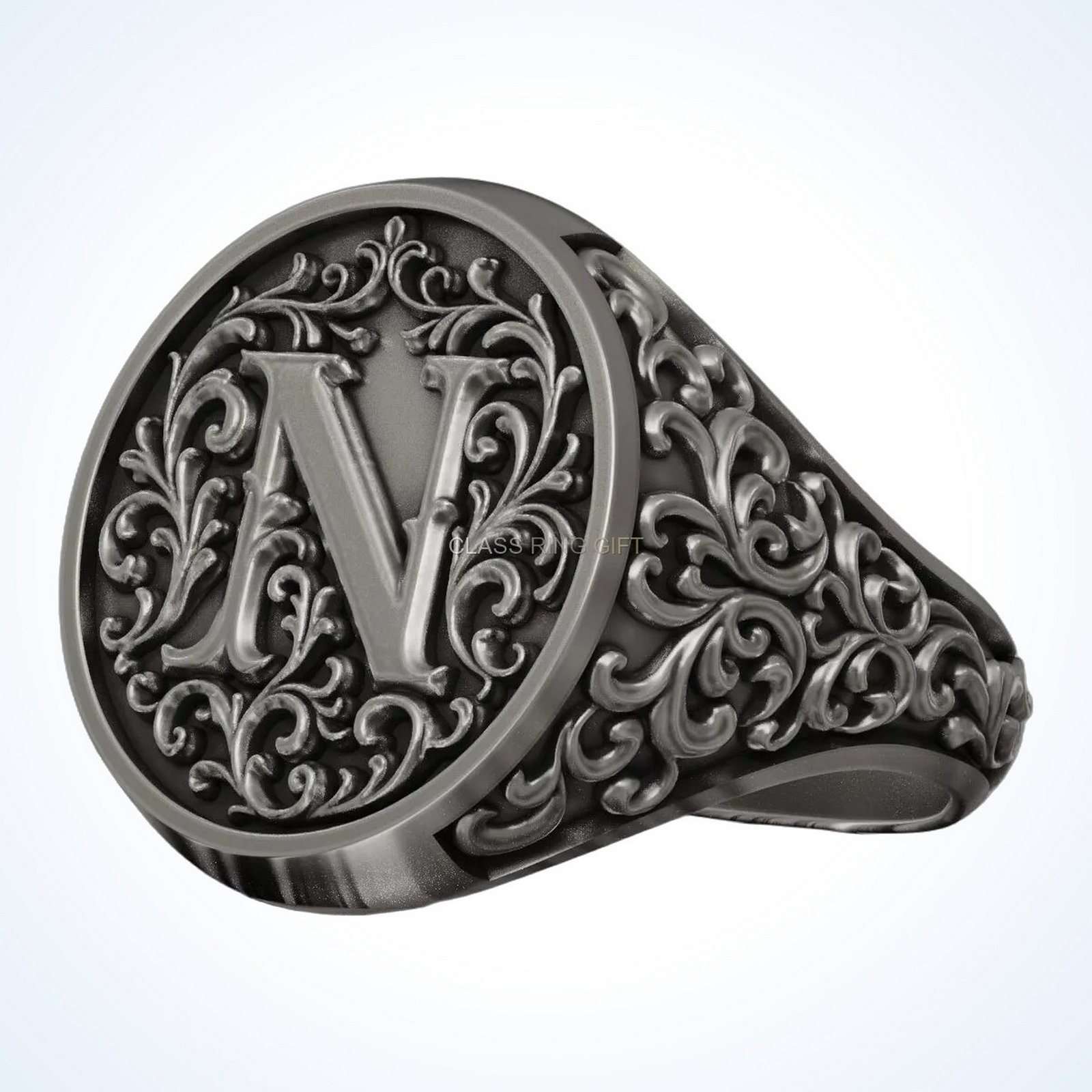 Signet gift for him monogram letter, front face with V monogram letter, side angle