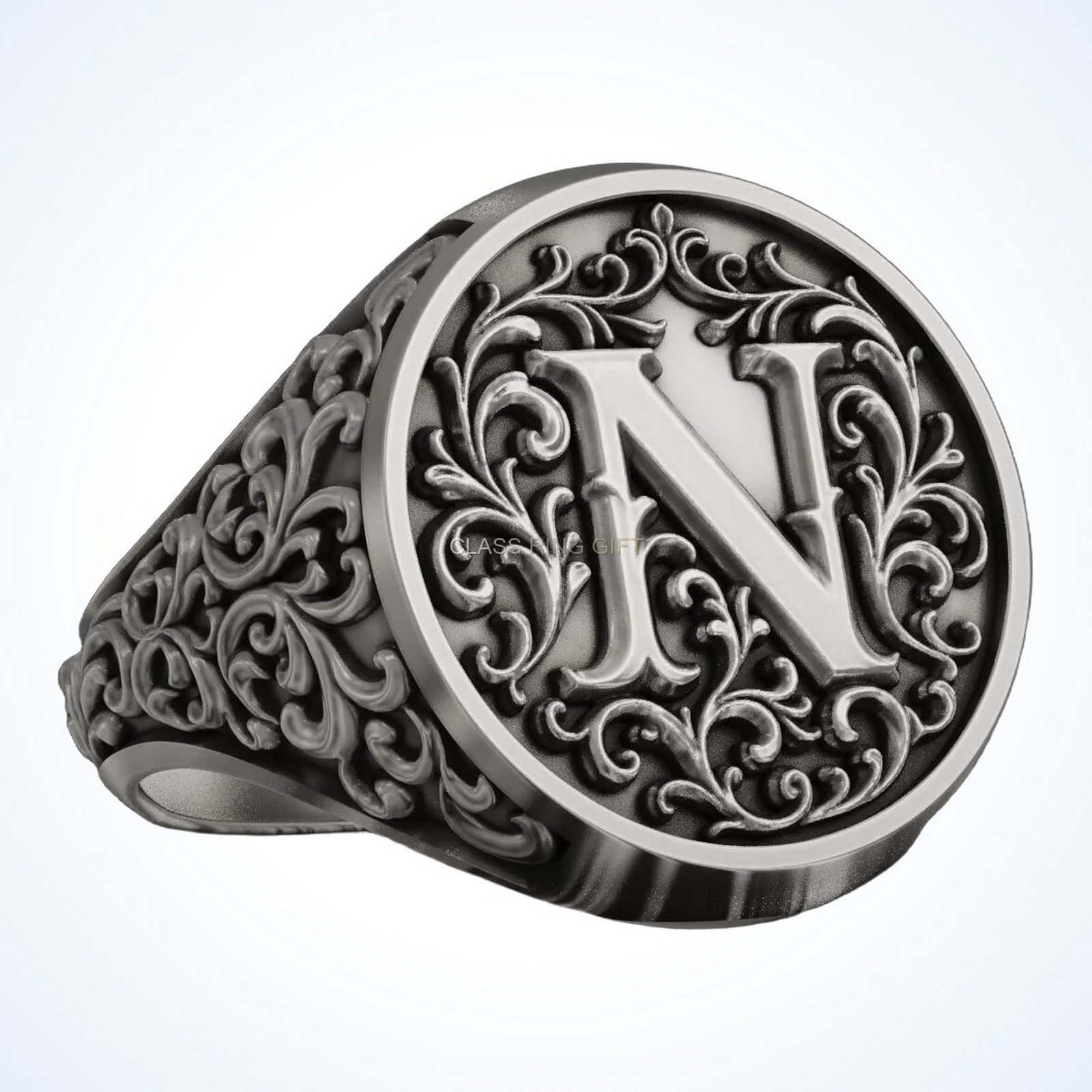 Signet gift for him monogram letter, front face with N monogram letter, side angle