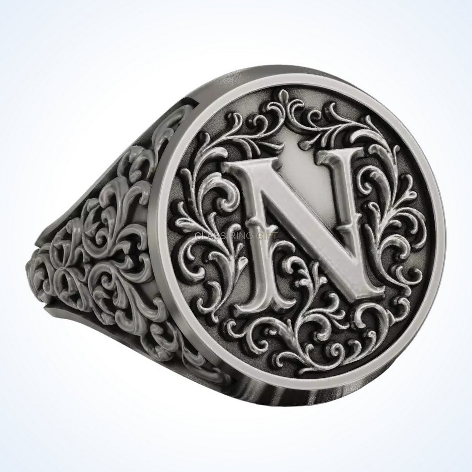 Signet gift for him monogram letter, front face with N monogram letter, three-quarter view