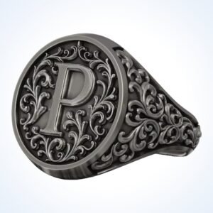 Vintage gift for him monogram letter P signet ring oxidized 925 silver
