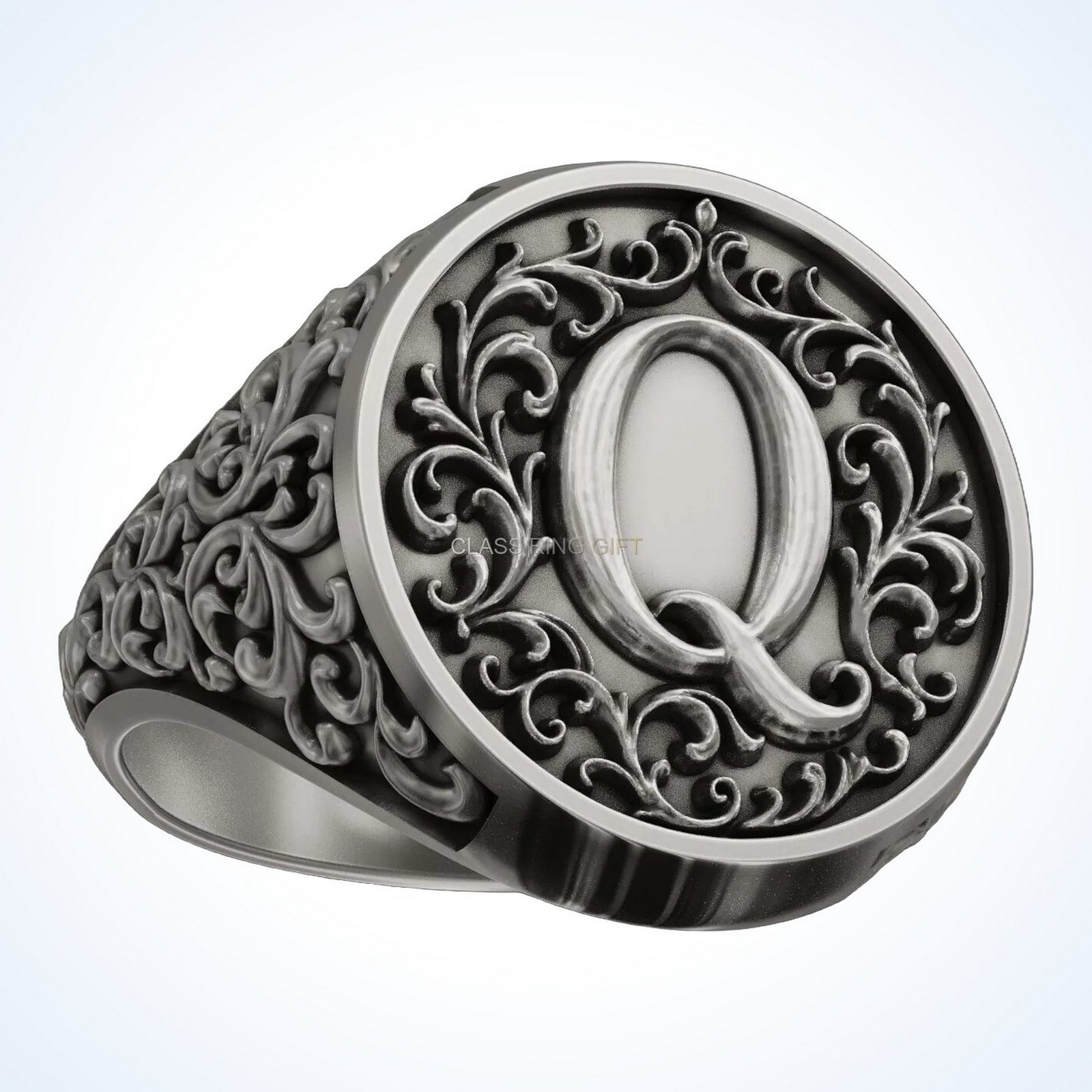 Ornament gift for him monogram letter, left three-quarter angled view of ring and band